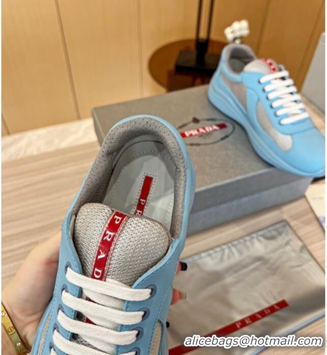 Grade Quality Prada Men's America's Cup Soft Rubber and Bike Fabric Sneakers Light Blue 609111