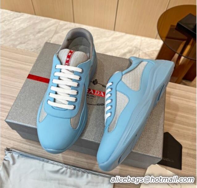 Grade Quality Prada Men's America's Cup Soft Rubber and Bike Fabric Sneakers Light Blue 609111