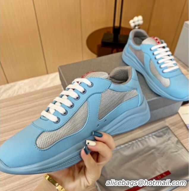 Grade Quality Prada Men's America's Cup Soft Rubber and Bike Fabric Sneakers Light Blue 609111