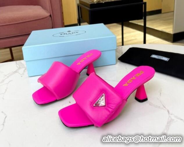 1:1 aaaaa Prada Soft Padded Nappa Leather Heel Slide Sandals 6.5cm Dark Pink 0609114