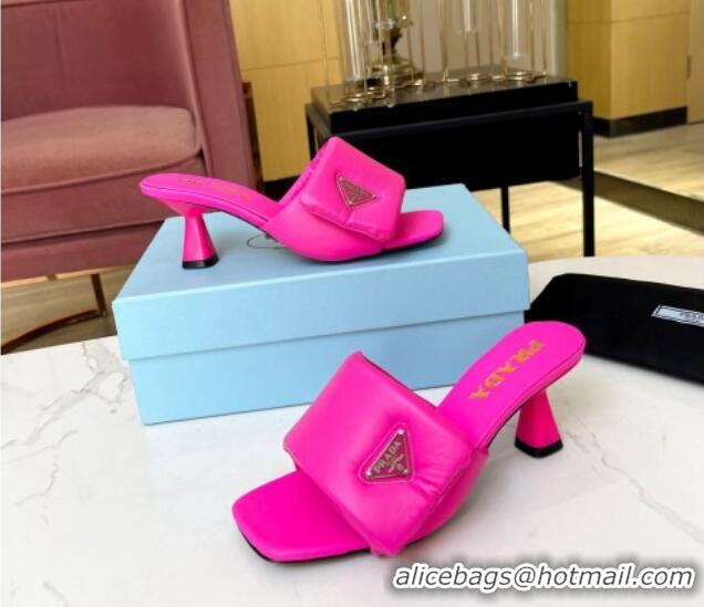 1:1 aaaaa Prada Soft Padded Nappa Leather Heel Slide Sandals 6.5cm Dark Pink 0609114