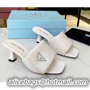 Luxury Prada Soft Padded Nappa Leather Heel Slide Sandals 6.5cm White 609115