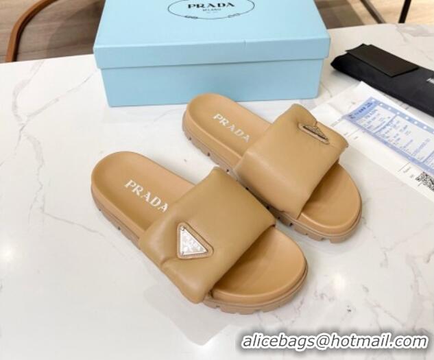 Sumptuous Prada Soft Padded Nappa Leather Flat Slide Sandals Beige 609118