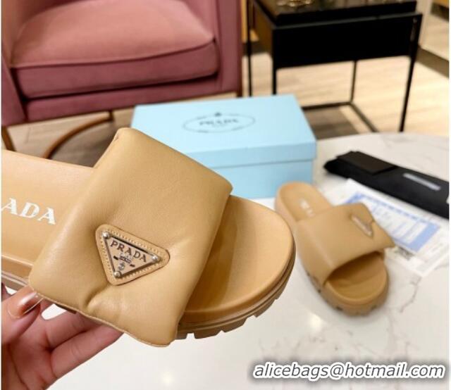 Sumptuous Prada Soft Padded Nappa Leather Flat Slide Sandals Beige 609118