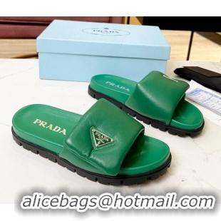 Stylish Prada Soft Padded Nappa Leather Flat Slide Sandals Green 609119