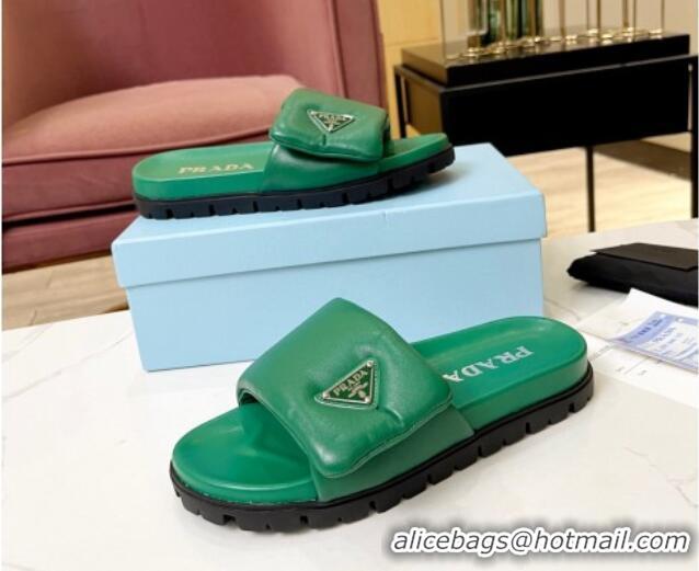 Stylish Prada Soft Padded Nappa Leather Flat Slide Sandals Green 609119