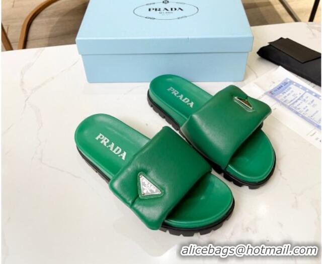 Stylish Prada Soft Padded Nappa Leather Flat Slide Sandals Green 609119