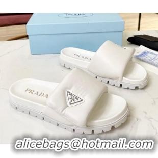 Best Price Prada Soft Padded Nappa Leather Flat Slide Sandals White 609121