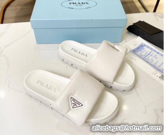 Best Price Prada Soft Padded Nappa Leather Flat Slide Sandals White 609121