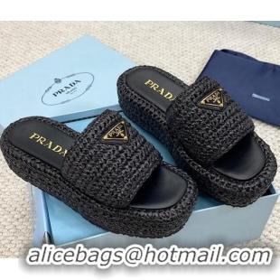 Popular Style Prada Crochet Platform Slide Sandals 4cm Black 061001