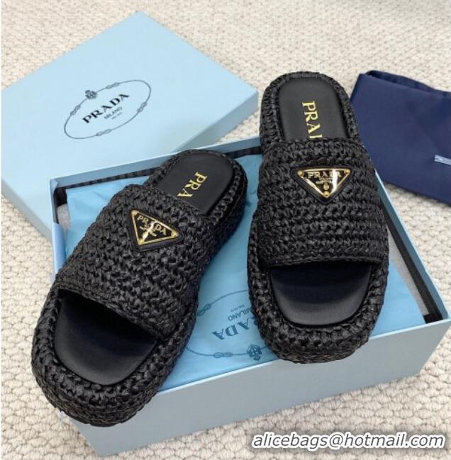 Popular Style Prada Crochet Platform Slide Sandals 4cm Black 061001