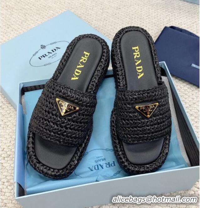 Popular Style Prada Crochet Platform Slide Sandals 4cm Black 061001