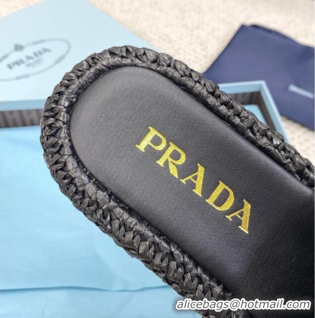 Popular Style Prada Crochet Platform Slide Sandals 4cm Black 061001