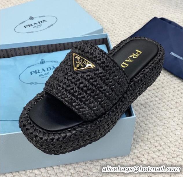 Popular Style Prada Crochet Platform Slide Sandals 4cm Black 061001