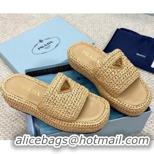 Low Price Prada Crochet Platform Slide Sandals 4cm Beige 061002