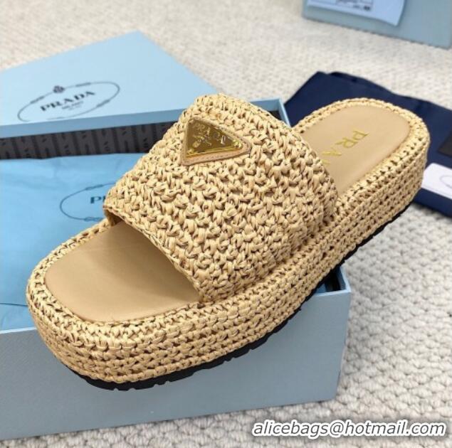 Low Price Prada Crochet Platform Slide Sandals 4cm Beige 061002