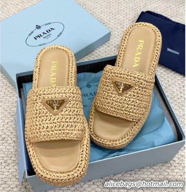 Low Price Prada Crochet Platform Slide Sandals 4cm Beige 061002