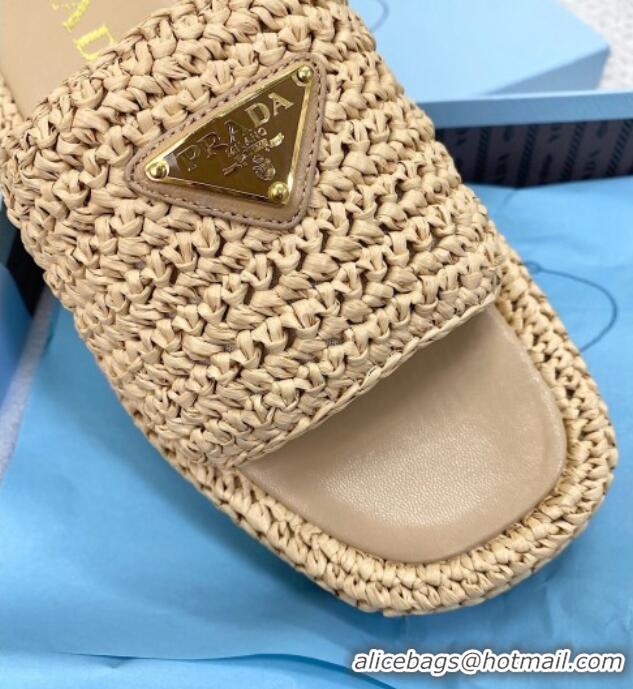 Low Price Prada Crochet Platform Slide Sandals 4cm Beige 061002