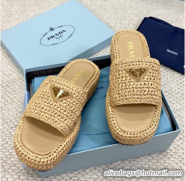 Low Price Prada Crochet Platform Slide Sandals 4cm Beige 061002