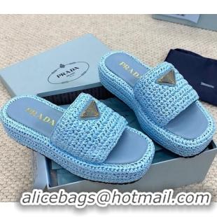 Good Looking Prada Crochet Platform Slide Sandals 4cm Blue 061005