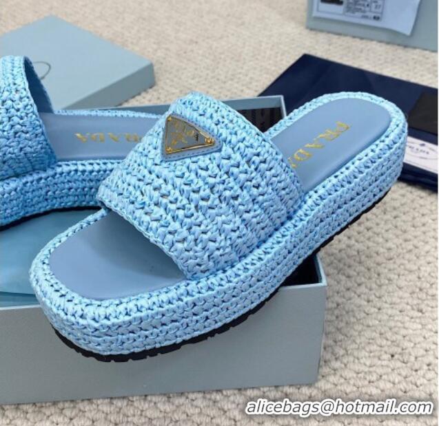 Good Looking Prada Crochet Platform Slide Sandals 4cm Blue 061005