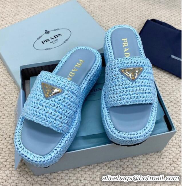 Good Looking Prada Crochet Platform Slide Sandals 4cm Blue 061005