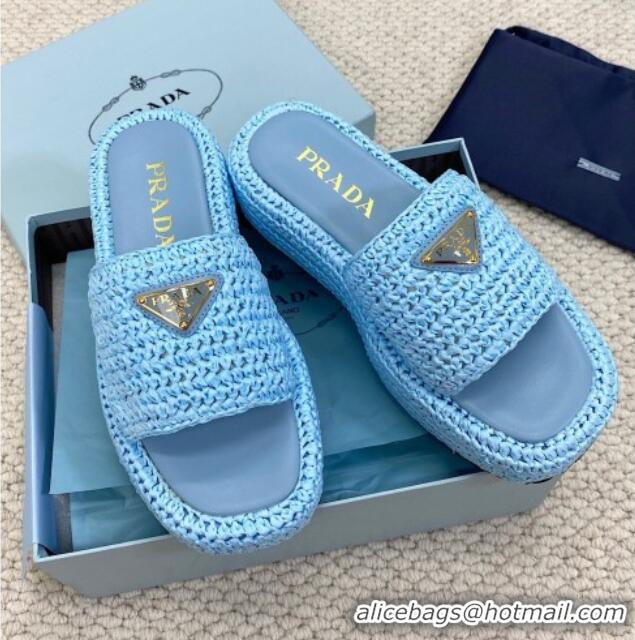 Good Looking Prada Crochet Platform Slide Sandals 4cm Blue 061005