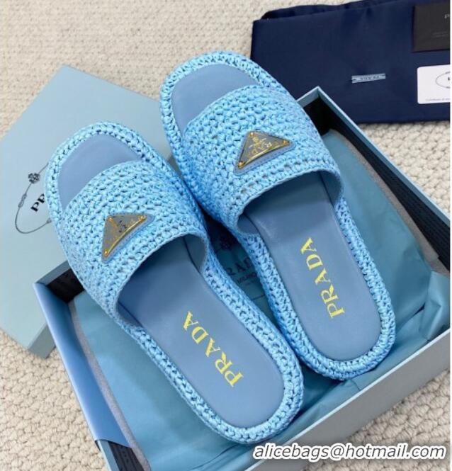 Good Looking Prada Crochet Platform Slide Sandals 4cm Blue 061005