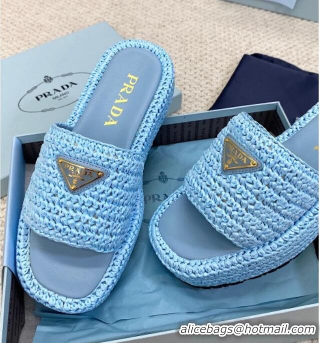 Good Looking Prada Crochet Platform Slide Sandals 4cm Blue 061005