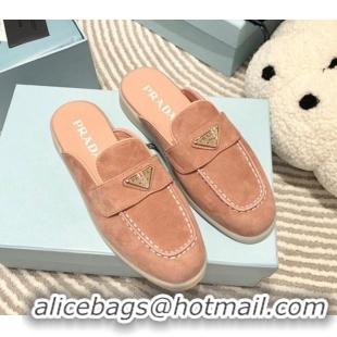 Top Grade Prada Suede Sabots Flat Mules Peachy Pink 1D270N 612102