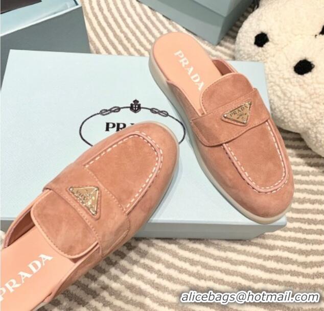 Top Grade Prada Suede Sabots Flat Mules Peachy Pink 1D270N 612102