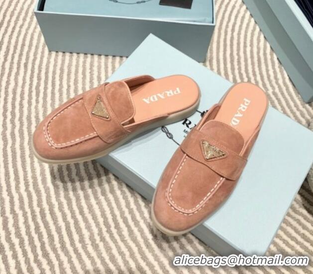 Top Grade Prada Suede Sabots Flat Mules Peachy Pink 1D270N 612102