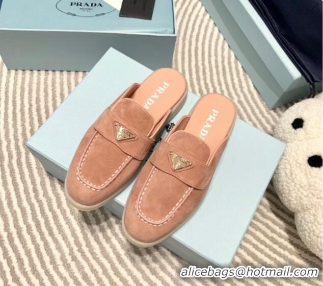 Top Grade Prada Suede Sabots Flat Mules Peachy Pink 1D270N 612102