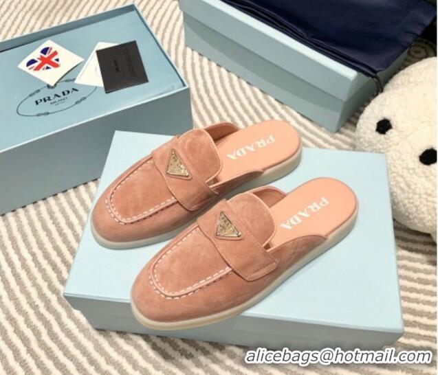 Top Grade Prada Suede Sabots Flat Mules Peachy Pink 1D270N 612102