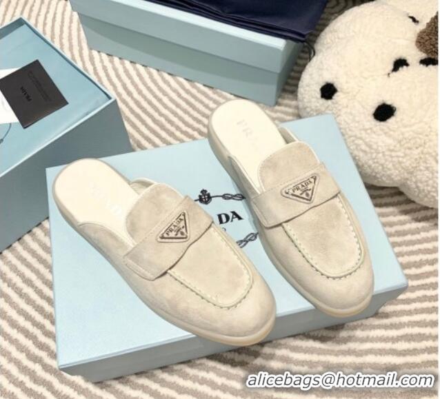 1:1 aaaaa Prada Suede Sabots Flat Mules White 1D270N 612103