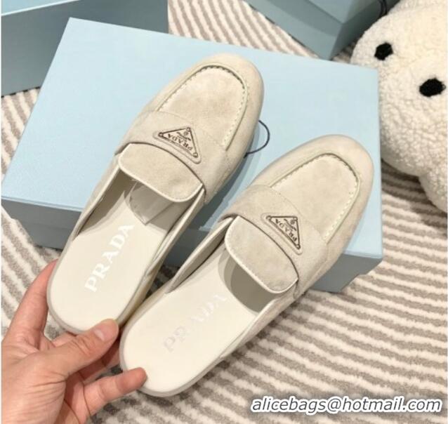 1:1 aaaaa Prada Suede Sabots Flat Mules White 1D270N 612103