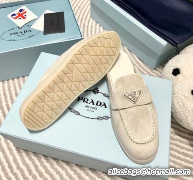 1:1 aaaaa Prada Suede Sabots Flat Mules White 1D270N 612103