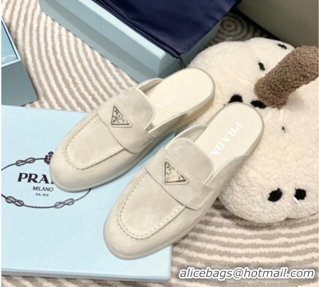 1:1 aaaaa Prada Suede Sabots Flat Mules White 1D270N 612103