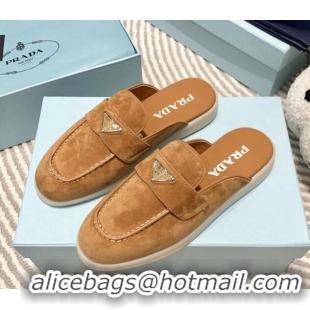 Unique Discount Prada Suede Sabots Flat Mules Camel Brown 1D270N 612104