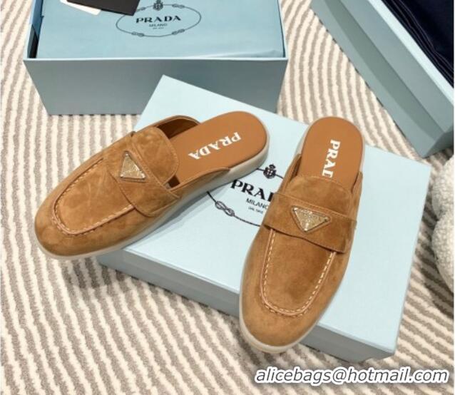 Unique Discount Prada Suede Sabots Flat Mules Camel Brown 1D270N 612104