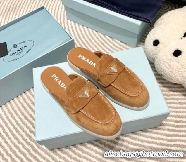 Unique Discount Prada Suede Sabots Flat Mules Camel Brown 1D270N 612104