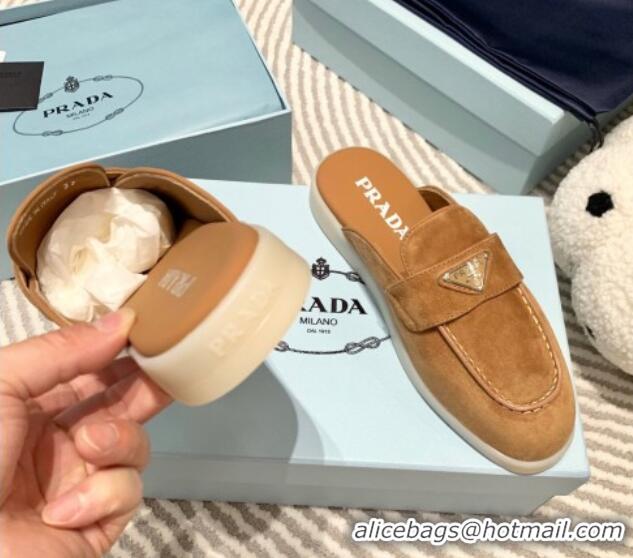 Unique Discount Prada Suede Sabots Flat Mules Camel Brown 1D270N 612104