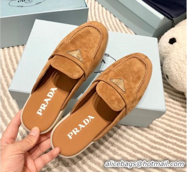 Unique Discount Prada Suede Sabots Flat Mules Camel Brown 1D270N 612104