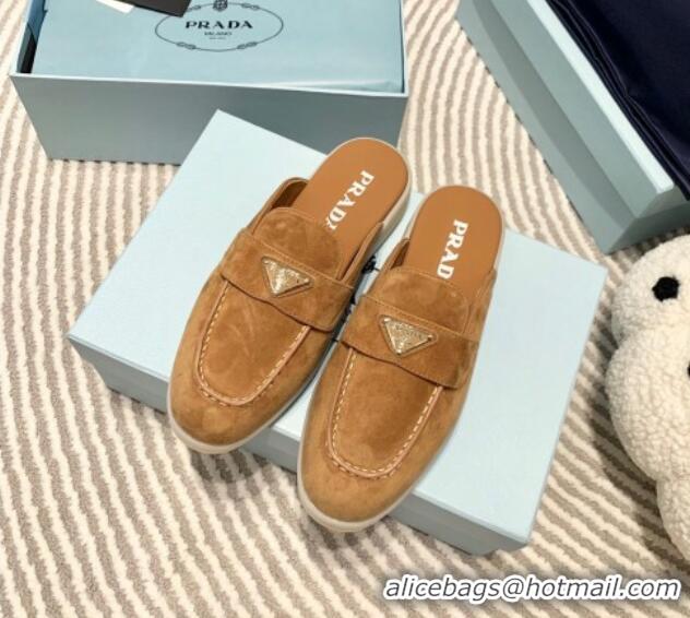 Unique Discount Prada Suede Sabots Flat Mules Camel Brown 1D270N 612104