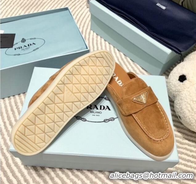 Unique Discount Prada Suede Sabots Flat Mules Camel Brown 1D270N 612104