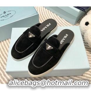 Good Quality Prada Suede Sabots Flat Mules Black 1D270N 612105