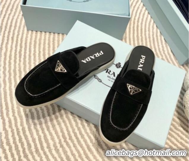 Good Quality Prada Suede Sabots Flat Mules Black 1D270N 612105