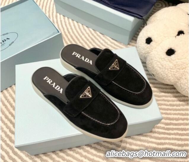 Good Quality Prada Suede Sabots Flat Mules Black 1D270N 612105