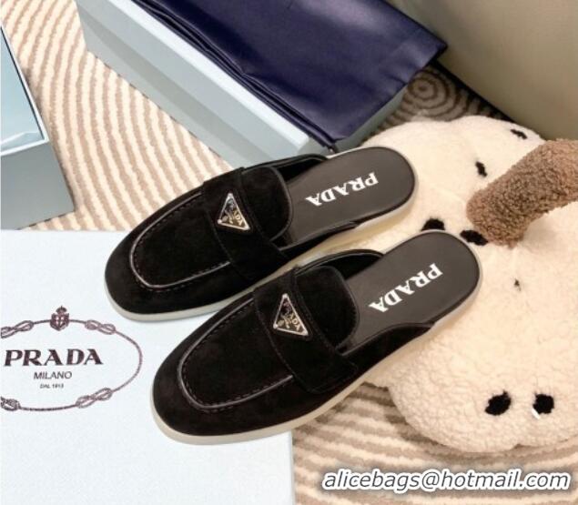 Good Quality Prada Suede Sabots Flat Mules Black 1D270N 612105