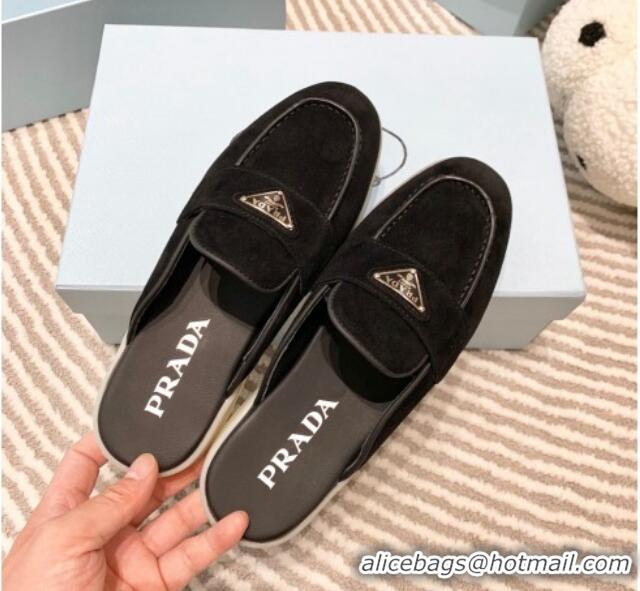 Good Quality Prada Suede Sabots Flat Mules Black 1D270N 612105